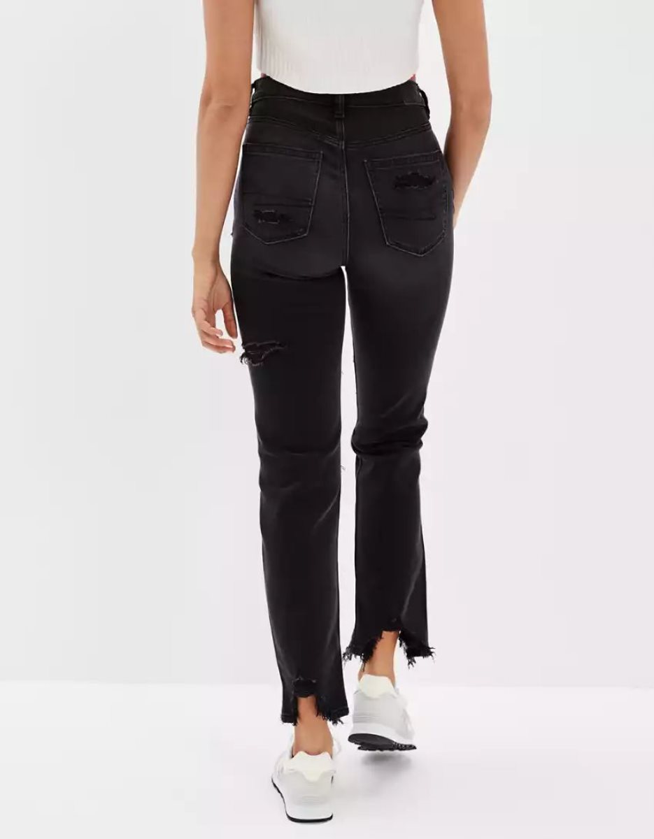 Jean American Eagle AE Strigid Ripped Mom Noir Femme | KDI-09375505